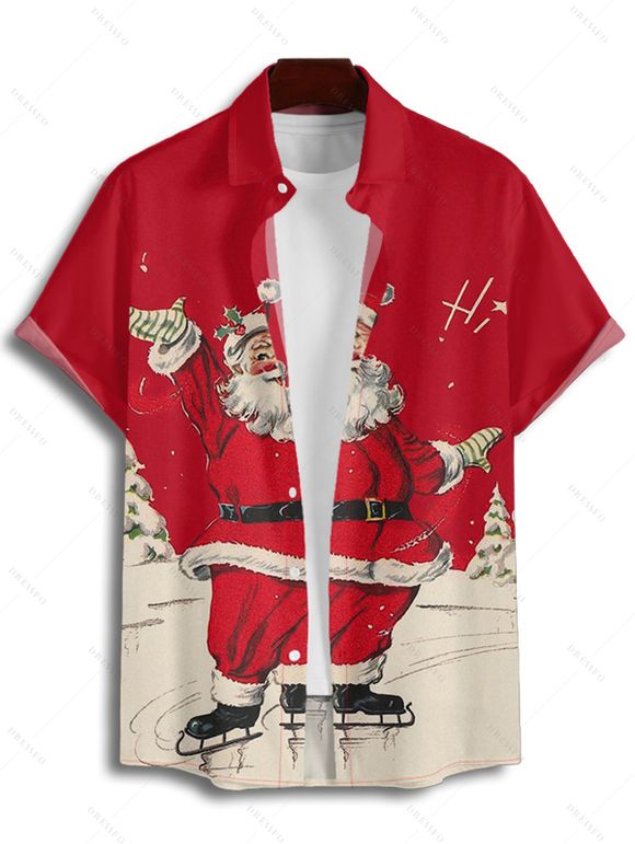 Christmas Santa Claus Print High Waist Spaghetti Strap V Neck Dress and Roll Up Sleeve Shirt Outfit - Rouge S | US 4