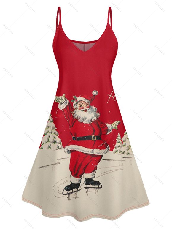 Christmas Santa Claus Print High Waist Spaghetti Strap V Neck Dress and Roll Up Sleeve Shirt Outfit - Rouge S | US 4