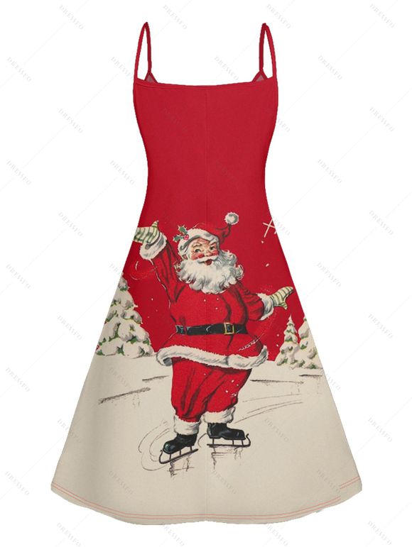 Christmas Santa Claus Print High Waist Spaghetti Strap V Neck Dress and Roll Up Sleeve Shirt Outfit - Rouge S | US 4