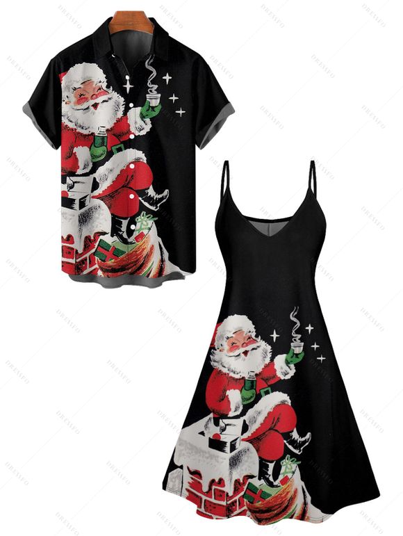 Christmas Santa Claus Print High Waist Spaghetti Strap V Neck Dress and Roll Up Sleeve Shirt Outfit - Noir S | US 4