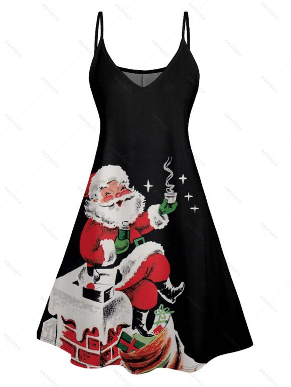 Christmas Santa Claus Print High Waist Spaghetti Strap V Neck Dress and Roll Up Sleeve Shirt Outfit - Noir S | US 4