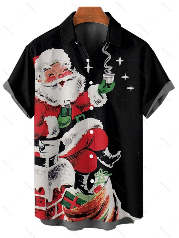 Christmas Santa Claus Print High Waist Spaghetti Strap V Neck Dress and Roll Up Sleeve Shirt Outfit - Noir S | US 4