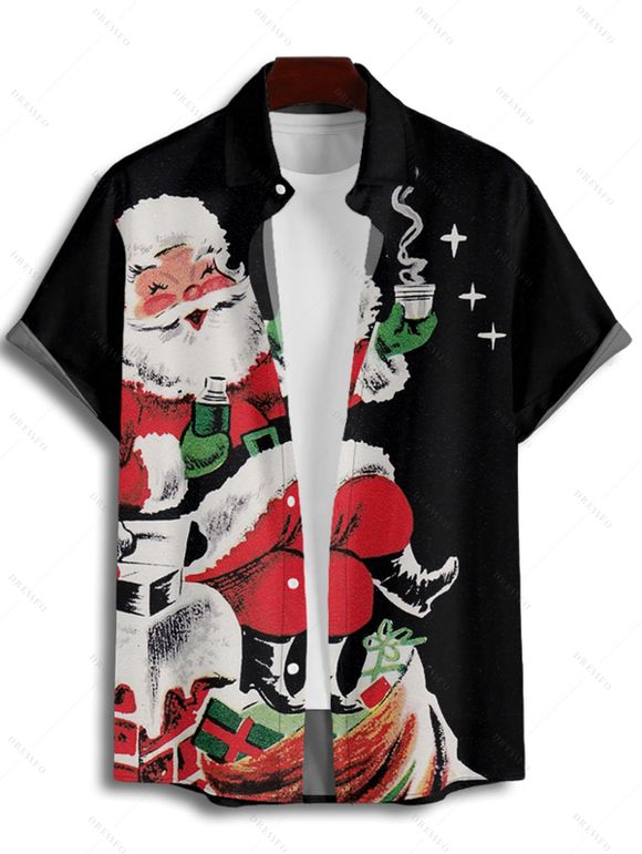 Christmas Santa Claus Print High Waist Spaghetti Strap V Neck Dress and Roll Up Sleeve Shirt Outfit - Noir S | US 4