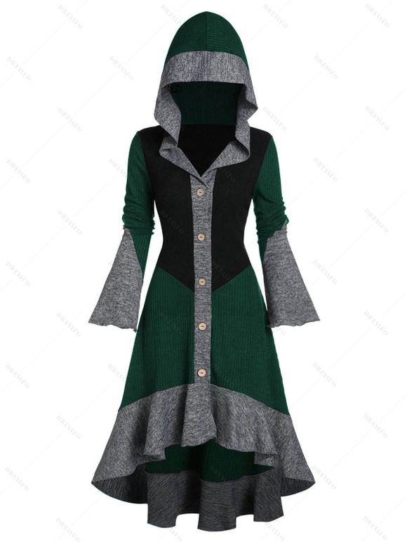 Robe à Capuche Tricotée Boutonnée en Blocs de Couleurs Ourlet Haut Bas à Manches Evasées - Vert profond L | US 8-10