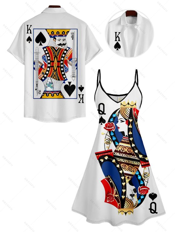 Playing Card Print V Neck High Waist Spaghetti Strap Dress and Roll Up Sleeve Shirt Outfit - Blanc S | US 4