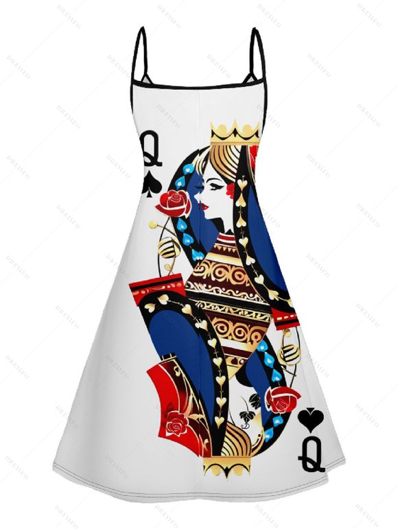 Playing Card Print V Neck High Waist Spaghetti Strap Dress and Roll Up Sleeve Shirt Hawaii Outfit - Blanc S | US 4