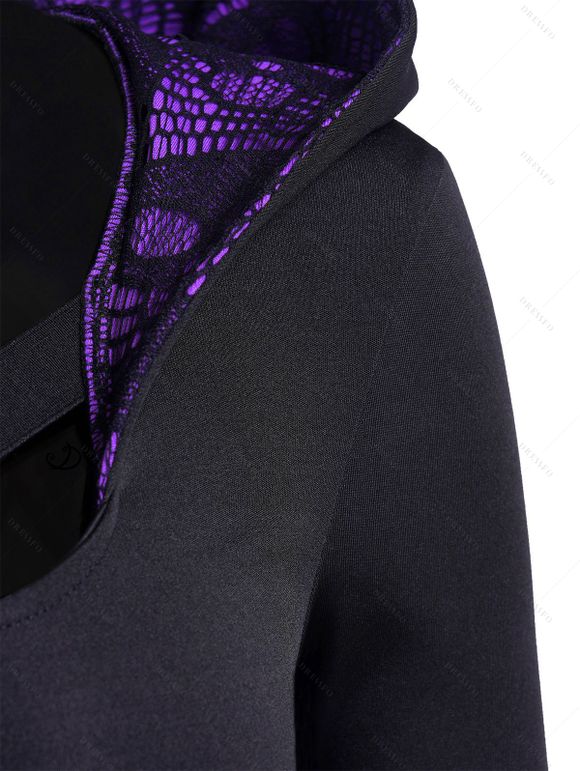 Robe à Capuche Haute Basse Jointif en Dentelle à Manches Longues avec Œillet - Noir XL | US 12