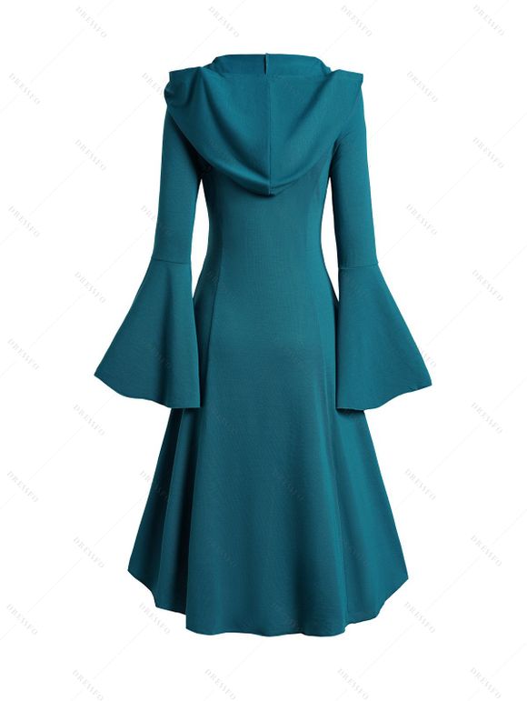 Haut à Capuche Gothique Bouclé à Ourlet Haut Bas à Manches Evasées à Volants - Bleu profond S