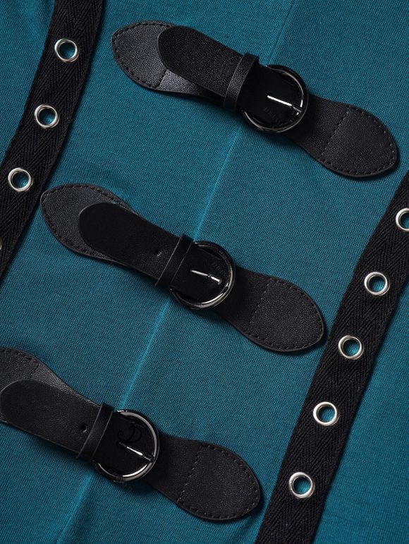 Haut à Capuche Gothique Bouclé à Ourlet Haut Bas à Manches Evasées à Volants - Bleu profond S