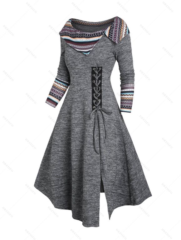 Robe Tribale Imprimée Jointive Rayée en Arc-en-ciel à Manches Longues à Col Relevé - Gris Clair M | US 6