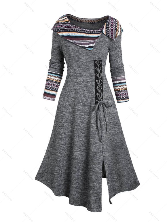 Robe Tribale Imprimée Jointive Rayée en Arc-en-ciel à Manches Longues à Col Relevé - Gris Clair XL | US 12