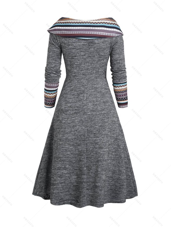 Robe Tribale Imprimée Jointive Rayée en Arc-en-ciel à Manches Longues à Col Relevé - Gris Clair XL | US 12