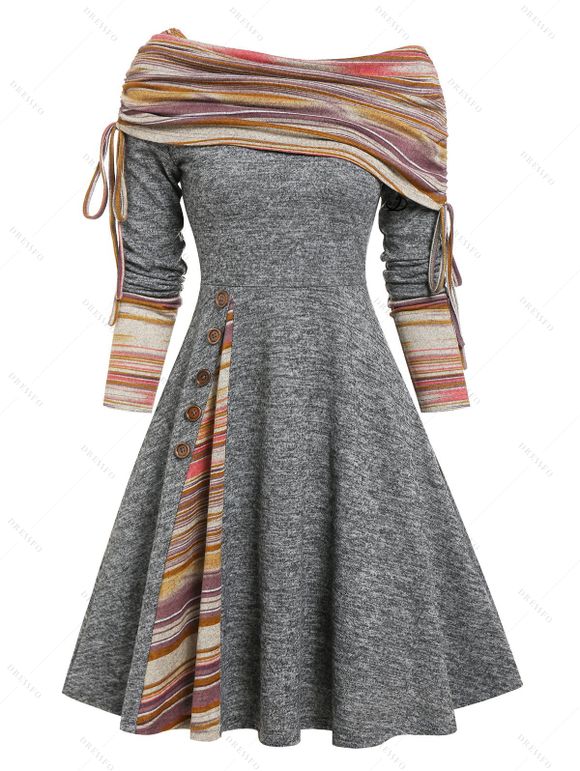 Robe Evasée Rayée Plissée à Col Convertible en Ligne A - Gris Clair M