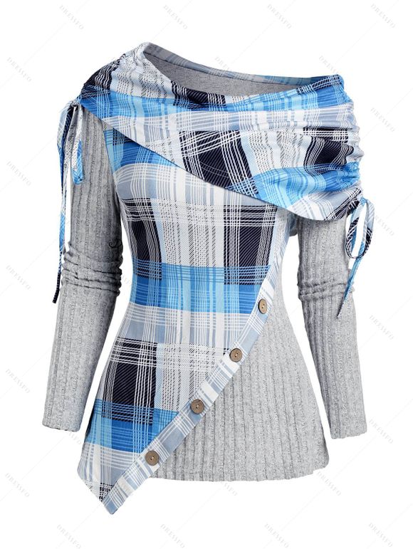 Haut Côtelé Panneau en Tricot Imprimé à Epaule Dénudée - Gris Clair S | US 4