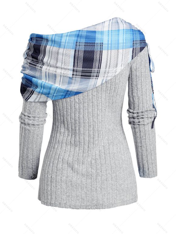 Haut Côtelé Panneau en Tricot Imprimé à Epaule Dénudée - Gris Clair S | US 4