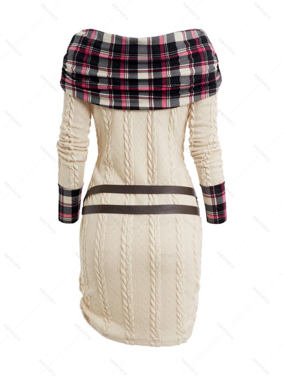 Mini Robe Pull Ceinturée Panneau à Carreaux en Tricot à Câble à Volants - café lumière L | US 8-10