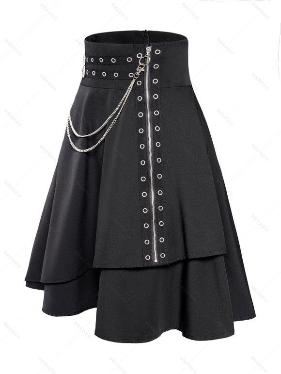 Mini Jupe Ligne A Gothique Superposée Zippée en Couleur Unie avec Chaîne et Œillet - Noir L