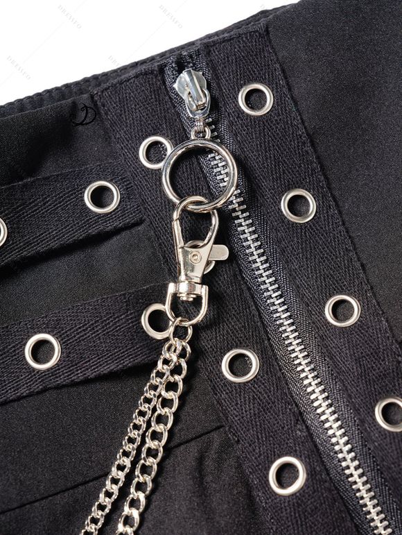 Mini Jupe Ligne A Gothique Superposée Zippée en Couleur Unie avec Chaîne et Œillet - Noir L