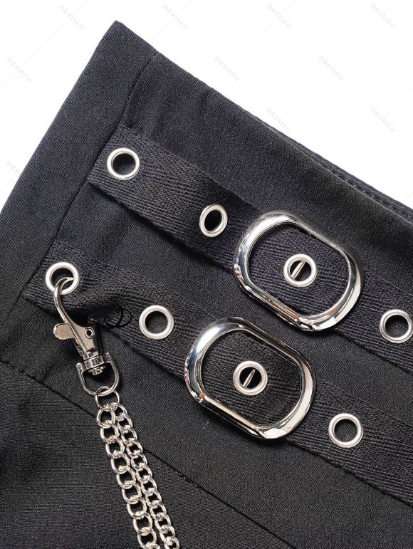 Mini Jupe Ligne A Gothique Superposée Zippée en Couleur Unie avec Chaîne et Œillet - Noir L