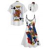 Playing Card Print V Neck High Waist Spaghetti Strap Dress and Roll Up Sleeve Shirt Hawaii Outfit - Blanc S | US 4