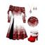 Christmas Plaid Snowflake Print Off The Shoulder Cinched Mini Godet Dress And Faux Fur High Heel Boots Xmas Chain Necklace Drop Earrings Set - Rouge S | US 4