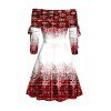 Christmas Plaid Snowflake Print Off The Shoulder Cinched Mini Godet Dress And Faux Fur High Heel Boots Xmas Chain Necklace Drop Earrings Set - Rouge S | US 4