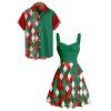 Christmas Argyle Print ColorblockBelted Mini Dress And Short Sleeve Button Up Shirt Matching Outfit - Vert profond S | US 4