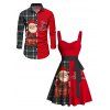 Christmas Plaid Santa Claus Letter Half And Half Print Belted Mini Dress And Long Sleeve Button Up Shirt Matching Outfit - Rouge S | US 4