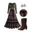 Tribal Pattern Plunge Long Sleeve High Waist Belted Midi Dress And Chunky Heel Lace Up Mid Calf Boots Life Tree Pattern Hoop Drop Earrings Outfit - Vert profond S | US 4