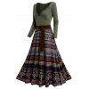 Tribal Pattern Plunge Long Sleeve High Waist Belted Midi Dress And Chunky Heel Lace Up Mid Calf Boots Life Tree Pattern Hoop Drop Earrings Outfit - Vert profond S | US 4