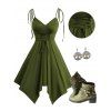 Lace Up High Waist Asymmetric Spaghetti Strap A Line Dress And Rivet Buckle Strap Zip Up Boots Life Tree Pattern Hoop Drop Earrings Outfit - Vert profond S | US 4