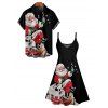 Christmas Santa Claus Print High Waist Spaghetti Strap V Neck Dress and Roll Up Sleeve Shirt Outfit - Noir S | US 4