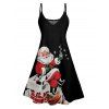 Christmas Santa Claus Print High Waist Spaghetti Strap V Neck Dress and Roll Up Sleeve Shirt Outfit - Noir S | US 4