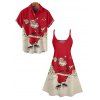 Christmas Santa Claus Print High Waist Spaghetti Strap V Neck Dress and Roll Up Sleeve Shirt Outfit - Rouge S | US 4