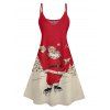 Christmas Santa Claus Print High Waist Spaghetti Strap V Neck Dress and Roll Up Sleeve Shirt Outfit - Rouge S | US 4