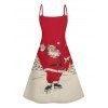 Christmas Santa Claus Print High Waist Spaghetti Strap V Neck Dress and Roll Up Sleeve Shirt Outfit - Rouge S | US 4