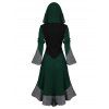 Robe à Capuche Tricotée Boutonnée en Blocs de Couleurs Ourlet Haut Bas à Manches Evasées - Vert profond L | US 8-10