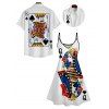 Playing Card Print V Neck High Waist Spaghetti Strap Dress and Roll Up Sleeve Shirt Outfit