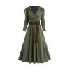 Cinched Ruched Surplice Plunge Belted Midi Dress Solid Color High Waist Long Sleeve Dress