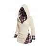 Twisted Cable Knit Plaid Print Hooded Sweater Mock Button Ruched Shawl Neck Sweater