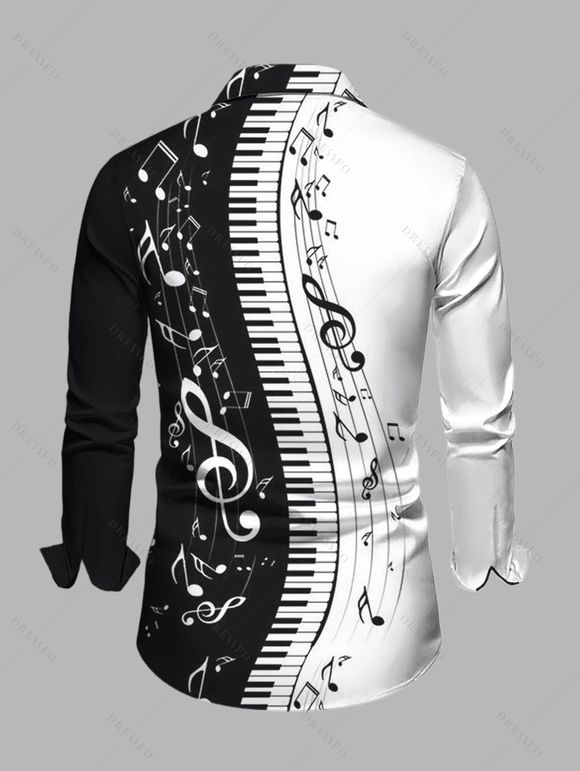 Chemise Boutonnée Note de Musique Imprimée Manches Longues à Col Relevé - Noir 2XL