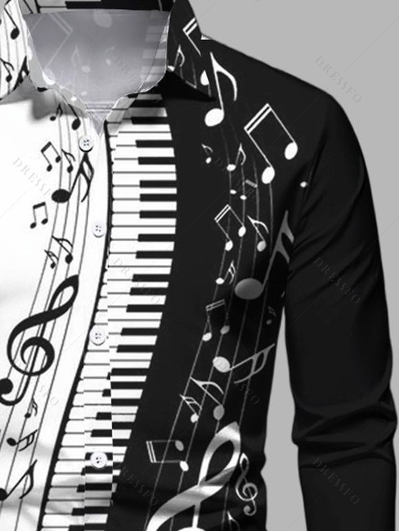 Chemise Boutonnée Note de Musique Imprimée Manches Longues à Col Relevé - Noir 2XL