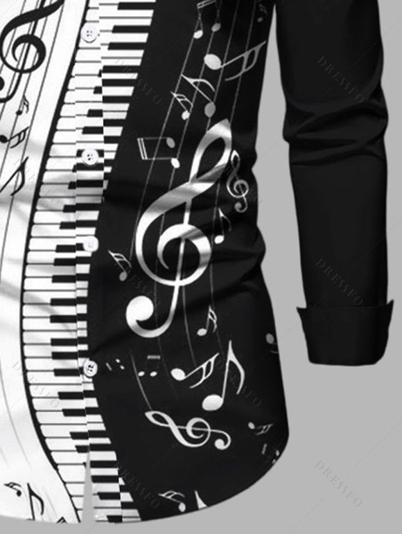 Chemise Boutonnée Note de Musique Imprimée Manches Longues à Col Relevé - Noir 2XL