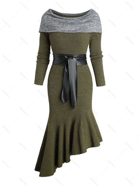 Robe Tricotée Asymétrique en Couleur Contrastée à Epaule Dénudée Ourlet à Volants - Vert profond L | US 8-10