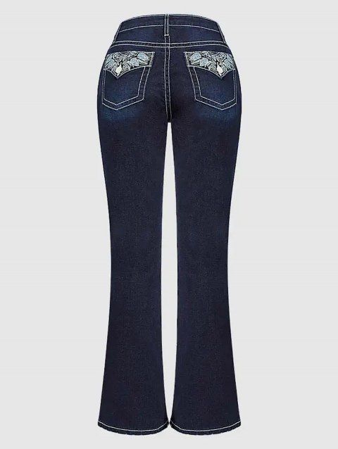 Contrast Topstitching Leaf Embroidery Double Buttons Zip Fly Jeans