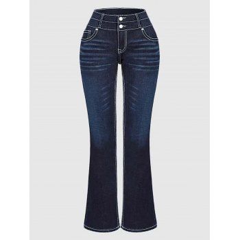 Contrast Topstitching Leaf Embroidery Double Buttons Zip Fly Jeans 