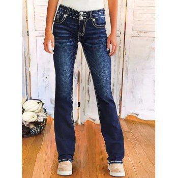 Contrast Topstitching Leaf Embroidery Double Buttons Zip Fly Jeans 