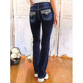 Contrast Topstitching Leaf Embroidery Double Buttons Zip Fly Jeans