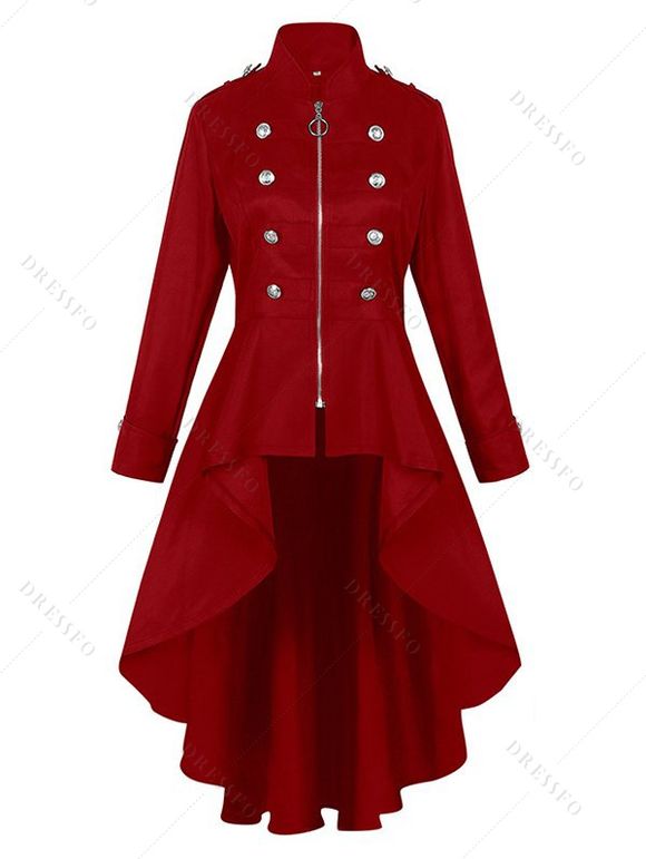 Manteau Zippé Vintage Anneau en O à Ourlet Haut Bas - Rouge S | US 4