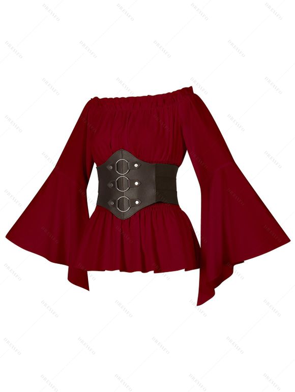 Blouse Décontractée Vintage à Manches Évasées à Épaules Dénudées avec Ceinture Large - Rouge foncé L | US 8